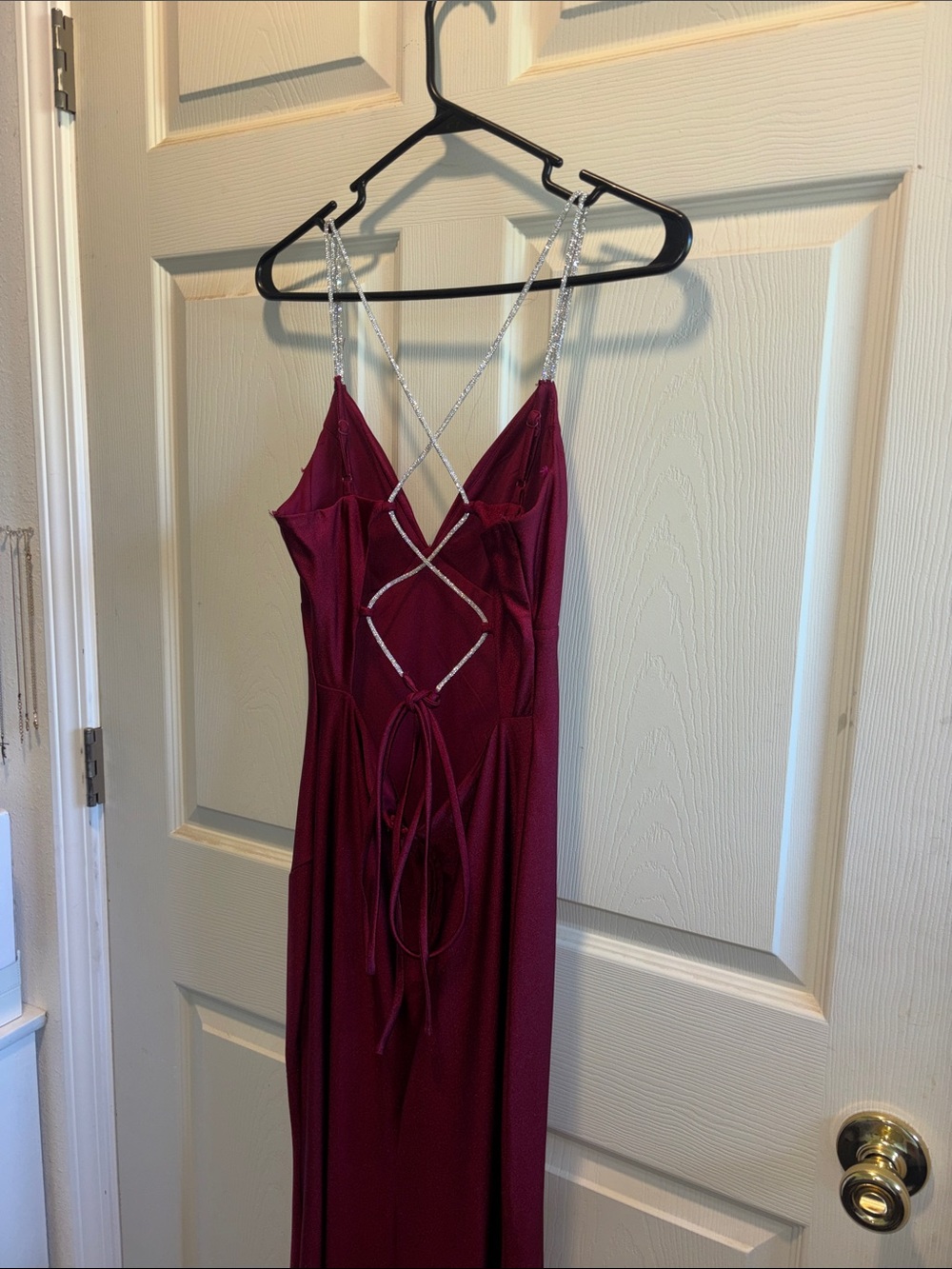 Elegant Burgundy Prom Gown with Diamond Crisscross Straps